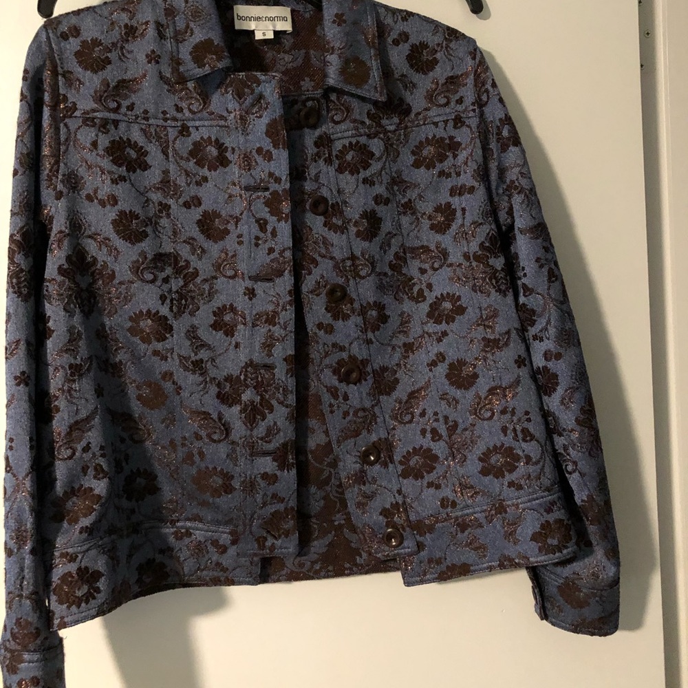 Cute jean jacket style bling embellish dark blue and bronze. Medium